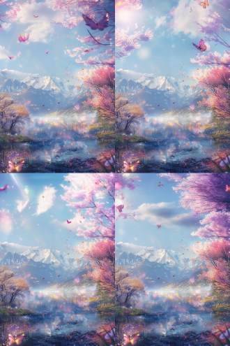 彩虹花海淹没山谷，发光蒲公英浮晨雾，蝴蝶穿梭樱花雨，雪山映湖，对角线构图，柔焦，暖光，梦幻色彩，治愈氛围。