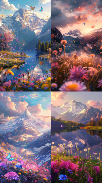 彩虹花海淹没山谷，发光蒲公英、蓝紫蝴蝶、樱花雨，雪山映湖，对角线构图，暖冷色调，超广角，侧逆光，柔焦，治愈。