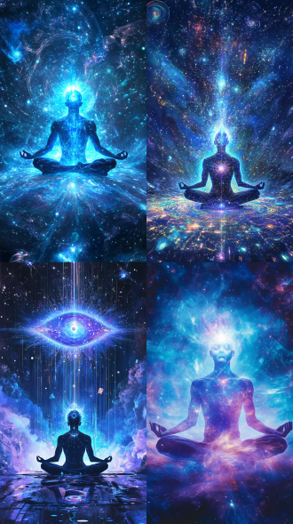 泛蓝光瑜伽修行者悬浮量子星云中央，粒子从第三眼溢出，身体融星尘，背后量子场，虹光扩散，双源照明，水晶体与等离子效果，75°上帝视角，hsb偏移。