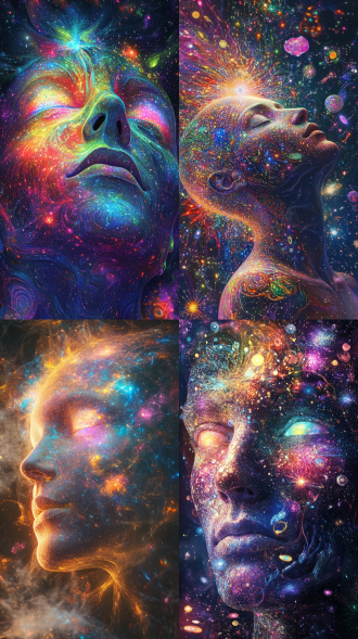 五彩粒子构成人，粒子从第三眼溢出，身体融星尘，后展量子场，虹光扩散，双源照明，半透明材质，上帝视角，色彩偏移。