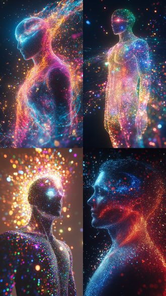 五彩粒子构成全身人缩于画面中间，粒子从第三眼溢出，轮廓融星尘，背后量子场光波扩散，双源照明，半透明材质，上帝视角，hsb偏移。