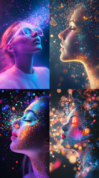 五彩粒子构成女人缩于画面中间，粒子从第三眼溢出，轮廓融星尘，背后量子场光波扩散，双源照明，半透明材质，上帝视角，色彩偏移。