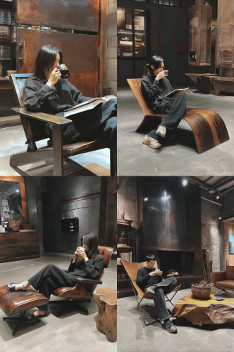 人坐休闲椅喝咖啡看书，三分法构图，现代简约风，室内暖光，长焦镜头，北美黑胡桃与不锈钢元素，惬意，放松。