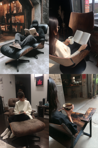 人坐休闲椅喝咖啡看书，三分法构图，现代简约风，室内暖光，长焦镜头，北美黑胡桃与不锈钢元素，惬意，放松。