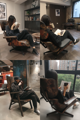 人坐休闲椅喝咖啡看书，三分法构图，现代简约风，室内暖光，长焦镜头，北美黑胡桃与不锈钢元素，惬意，放松。