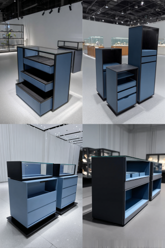 高端间厅柜展示柜，对称布局，现代简约风格，展厅内，冷色调，长焦镜头，顶光，清晰，奢华元素，大气。