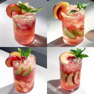 水蜜桃汁加冰块在玻璃杯，有桃、冰与紫苏叶，白色背景，食品摄影风，鲜艳色，侧光，4k，居中构图。