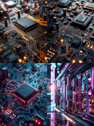 产品渲染，电路主板，高级科技光感，电阻，芯片，结构，完美全景展示，正视图，细节清晰，质感加强，oc渲染，搅拌机，高质量，8k，高分辨率，金属质感，冷色调，精确对焦，侧光，科技感，现代感，精密工艺，专业摄影，光影效果，清晰度高，技术美感。