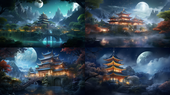 a glass oriental building with pavilions and chinese-style cornices, a gleaming interior, located in a lush green forest.in the surreal cg rendering of ancient china, there is a yaolin wonderland next to a small town with ancient buildings in the south of the yangtze river.night, bright stars, charming smoke, maple leaf trees, snow scene, high definition