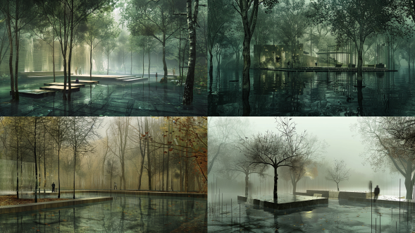 景观设计，很多的少量叶子的树干，纯净暗绿色画面里水面上轻薄的米白色石材会客厅，水里的树，客厅里的树干，远景的树干，水中的小平台，瀑布，交谈的人，傍晚，远景，大光圈，远焦距，阴，静态，阴郁，薄雾