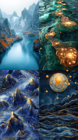 蓝金山水，细节丰富，广角镜头，流体摄影，传统风格，壮丽景色，电路板效果，发光，中国风，千山万水，3d插图，蓝金配色，壮丽，雄伟，丰富色彩。