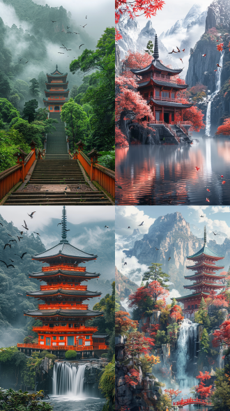 瀑布风景，宝塔东亚建筑，山云环绕，鸟飞翔，树影婆娑，无人之境，自然与建筑和谐，天空蔚蓝，长曝光水流柔滑，广角镜头，远景构图，高动态范围，自然光，宁静致远。