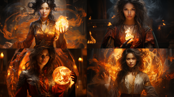 一个正面视角的亚洲术士，穿着帅气站在帝国的时空门前，手上操纵着火焰，目光坚定，看向前方