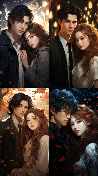 二次元情侣头像特写，白皙冷白肤，波浪长发，甜美表情，环境光与边缘光，背景简约，oc渲染，细节完整，高光突出，温柔浪漫氛围，细腻质感，高清壁纸，柔和光线，自然色彩，亲密姿态。