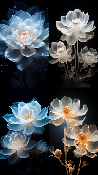 minimalism and abstract illustration, black background, ballpoint drawing art style, white, capillary effect,extremely close-up shot to fluorescent white lotus, white patter with gradient translucent,highlight effect, chinese ink painting style,chinese xuan paper texture, light penetrate the air, fractals effect, phosphore scence effect