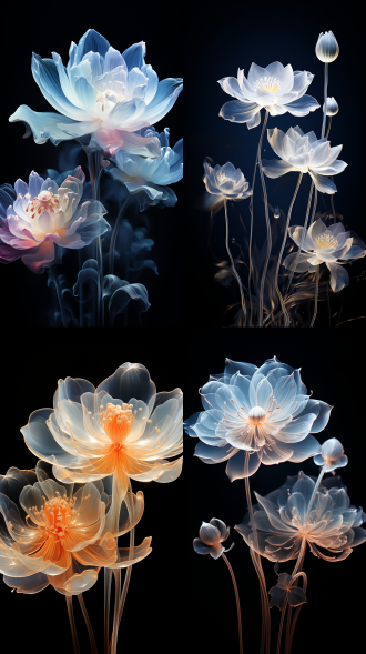 minimalism and abstract illustration, black background, ballpoint drawing art style, white, capillary effect,extremely close-up shot to fluorescent white lotus, white patter with gradient translucent,highlight effect, chinese ink painting style,chinese xuan paper texture, light penetrate the air, fractals effect, phosphore scence effect