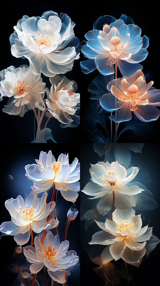 minimalism and abstract illustration, black background, ballpoint drawing art style, white, capillary effect,extremely close-up shot to fluorescent white lotus, white patter with gradient translucent,highlight effect, chinese ink painting style,chinese xuan paper texture, light penetrate the air, fractals effect, phosphore scence effect