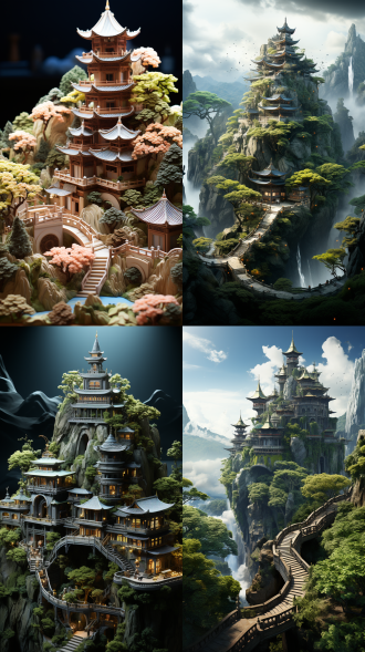 夏天的风景，茂密的树林，亭子，文昌塔，白底中国画，绿色，纸质插画：2，3d浮雕，8k，高清，