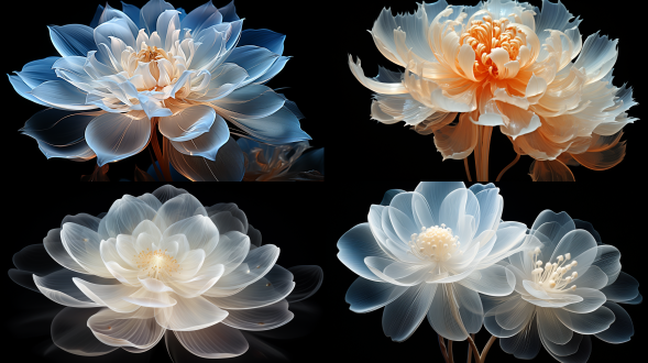 minimalism and abstract illustration, black background, ballpoint drawing art style, white, capillary effect,extremely close-up shot to fluorescent white lotus, white patter with gradient translucent,highlight effect, chinese ink painting style,chinese xuan paper texture, light penetrate the air, fractals effect, phosphore scence effect