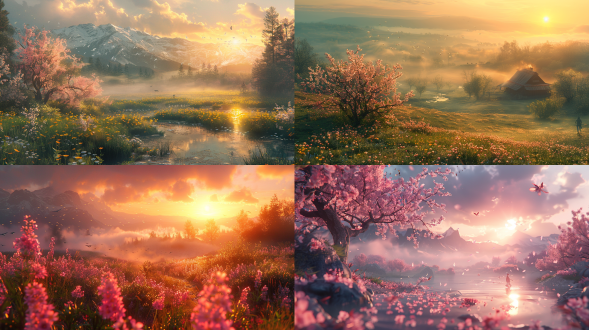 雾气缭绕的高山峡谷，桃花盛开，小溪潺潺，夕阳余晖洒满山谷，行者缓步前行，晚霞映照天际，飞鸟翱翔。广角镜头，逆光，低饱和度，自然光，宁静，远景，动态模糊，温暖色调，神秘感。