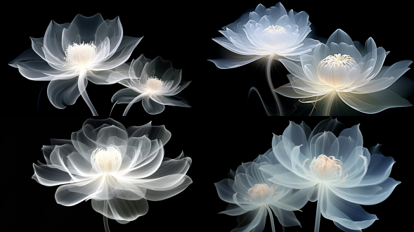 minimalism and abstract illustration, black background, ballpoint drawing art style, white, capillary effect,extremely close-up shot to fluorescent white lotus, white patter with gradient translucent,highlight effect, chinese ink painting style,chinese xuan paper texture, light penetrate the air, fractals effect, phosphore scence effect
