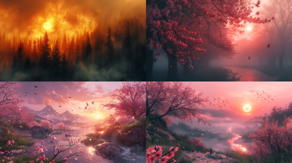 雾气缭绕的高山峡谷，桃花盛开，小溪潺潺，夕阳余晖洒满山谷，行者缓步前行，晚霞映照天际，飞鸟翱翔。广角镜头，逆光，低饱和度，自然光，宁静，远景，动态模糊，温暖色调，神秘感。