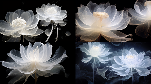 minimalism and abstract illustration, black background, ballpoint drawing art style, white, capillary effect,extremely close-up shot to fluorescent white lotus, white patter with gradient translucent,highlight effect, chinese ink painting style,chinese xuan paper texture, light penetrate the air, fractals effect, phosphore scence effect
