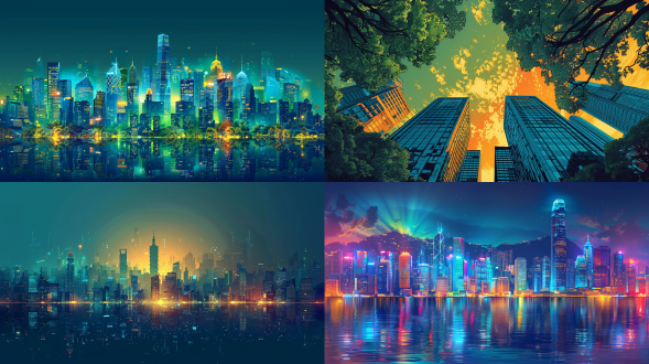 深圳城市矢量插画，城市地标建筑为中心，蓝绿色调，科技感，未来之城，大胆流畅线条，古典主题，木版画技法，细节丰富的人物设计，散点式透视，对称构图，鲜明对比，暖色调，刺激，矢量图形，高光细节，锐利边缘，平滑渐变，数字艺术，现代感，动态构图，视觉焦点，色彩饱和，情感强烈。