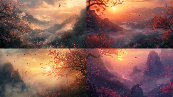 雾气缭绕的高山峡谷，桃花盛开，小溪潺潺，夕阳余晖洒满山谷，行者缓步前行，晚霞映照天际，飞鸟翱翔。广角镜头，逆光，低饱和度，自然光，宁静，远景，动态模糊，温暖色调，神秘感。