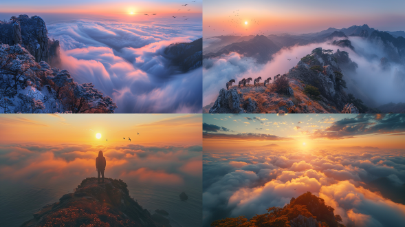 雾气缭绕的泰山山顶，云海日出，行者缓步前行，飞鸟翱翔。广角镜头，逆光，低饱和度，自然光，宁静，远景，动态模糊，温暖色调，神秘感。