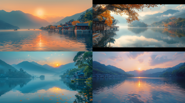 泰山流水，桂花树，日落时分，山水对称，柔和色调，成排小屋，广角镜头，水面倒影，微风拂过，宁静。