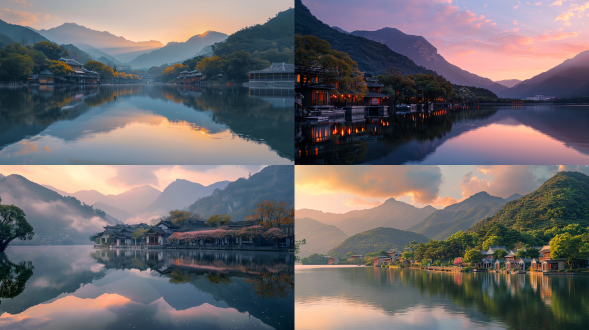 泰山流水，桂花树，日落时分，山水对称，柔和色调，成排小屋，广角镜头，水面倒影，微风拂过，宁静。