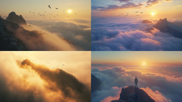 雾气缭绕的泰山山顶，云海日出，行者缓步前行，飞鸟翱翔。广角镜头，逆光，低饱和度，自然光，宁静，远景，动态模糊，温暖色调，神秘感。