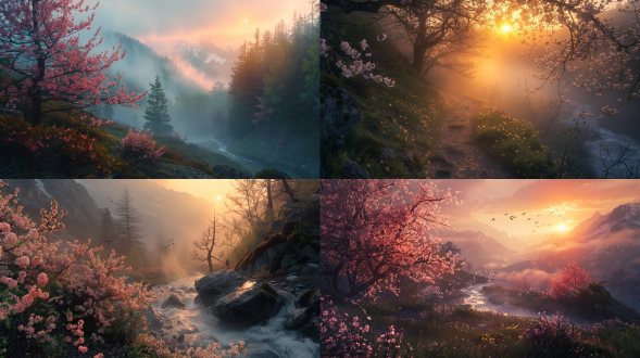 雾气缭绕的高山峡谷，桃花盛开，小溪潺潺，夕阳余晖洒满山谷，行者缓步前行，晚霞映照天际，飞鸟翱翔。广角镜头，逆光，低饱和度，自然光，宁静，远景，动态模糊，温暖色调，神秘感。
