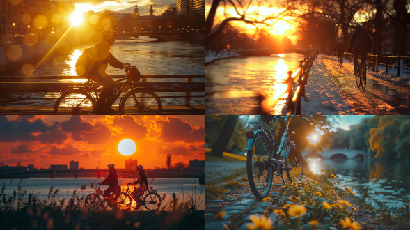 夕阳西下，河边，骑行与散步，温暖色调，逆光拍摄，自然环境，长焦镜头，动态模糊，和谐，宁静。