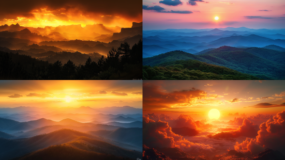 山脉日落，金色余晖，远景构图，山峦连绵，云雾缭绕，自然风光，长焦镜头，柔和光线，静谧，温暖色调，宁静安详。