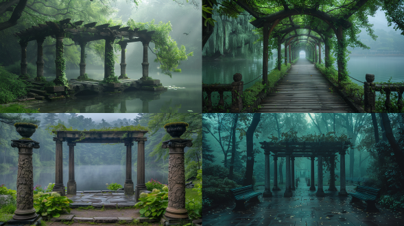 绿色廊架，树林水面，纯净树干，远景，阴天，阴郁，薄雾，纯净，大光圈，中焦距，静态，宁静。