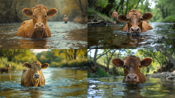 牛游河中，对称构图，自然野外，慢门拍摄，水面倒影，绿色调，安宁，放松，岸边有放牛小孩，高清广角。