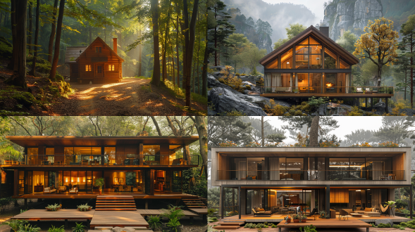 森林之家，树木环绕，木屋温馨，自然光线，远景，广角镜头，柔和色调，宁静，和谐，生机勃勃。