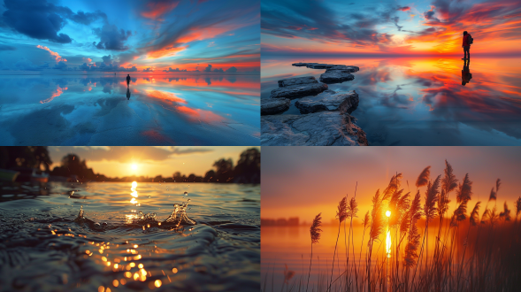 广角镜头，水面倒影，微风，湖边，日落，剪影，和谐，柔和色调，宁静。