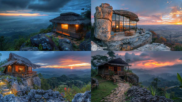 悬崖木屋，大石头，傍晚景色，古道宁静，超广角镜头，远景。, 峭壁，木屋，画架，竹帘，大石头，宁静，暮色，超广角，远景。