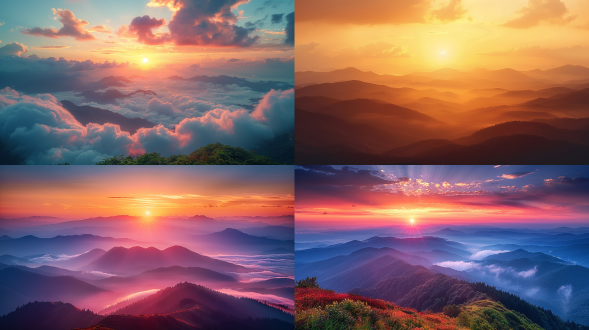 山脉日落，金色余晖，远景构图，山峦连绵，云雾缭绕，自然风光，长焦镜头，柔和光线，静谧，温暖色调，宁静安详。