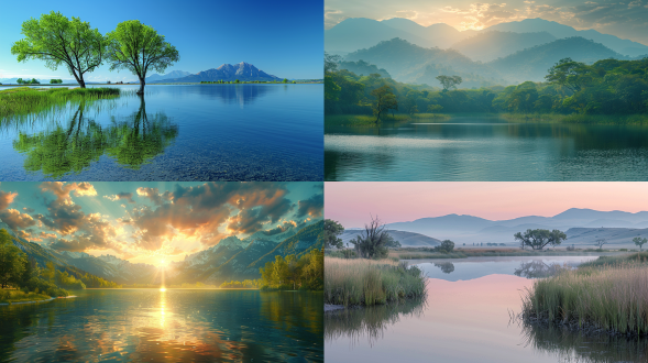 大片湖泊，清晨，远处有绿色树林，草原，山峦，大景深，高清彩色摄影，湖水倒影，日出，宁静，自然风光