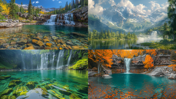 雄伟瀑布，山谷间，清澈湖水，色彩丰富，自然光，长焦镜头，流动感，清晰细节，宏伟气势，宁静祥和。