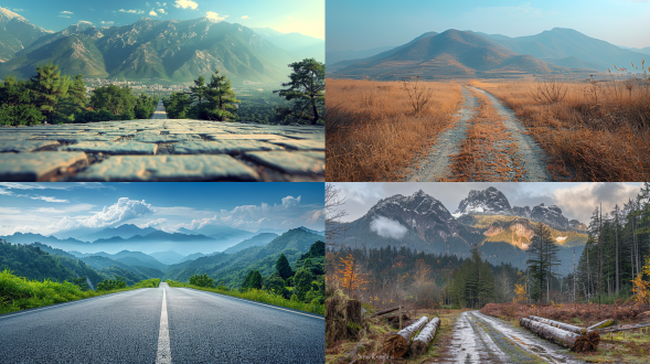 连绵山脉，水泥路，原木风景区，温暖色调，大光圈，广角镜头，自然光，静谧，宁静。