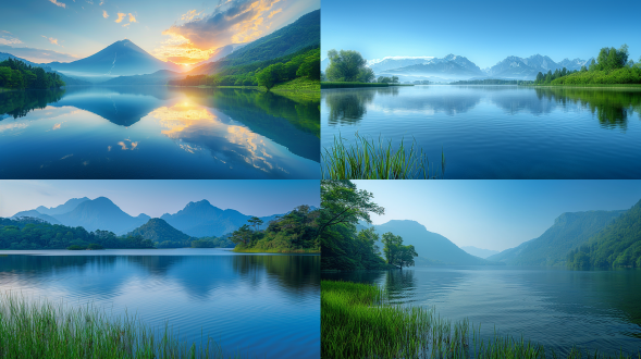 大片湖泊，清晨，远处有绿色树林，草原，山峦，大景深，高清彩色摄影，湖水倒影，日出，宁静，自然风光