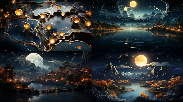 蓝金山水，细节丰富，广角镜头，流体摄影，传统风格，壮丽景色，电路板效果，发光，中国风，千山万水，3d插图，蓝金配色，壮丽，雄伟，丰富色彩。