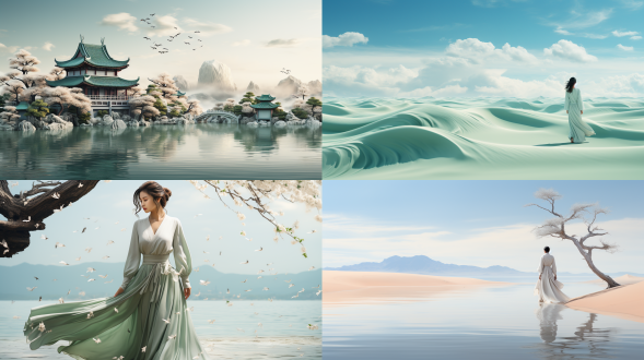 干净背景，大面积留白，沙质中式圆盘，汉服行走，宋代工笔山水画风格，cinema4d渲染，有机流动形式，浅绿白色调，地中海景观，气势磅礴，长焦镜头，柔和侧光，静谧，优雅。