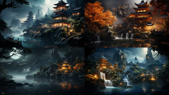 中国美学，满月，瀑布，夜景，幻想景观，金色调，戏剧性悬崖，宁静水面，水中倒影，雾气氛围，亚洲风格建筑，传统宝塔轮廓，茂密树木，岩石形态，垂直构图，数字艺术，超凡光芒，宁静情绪，自然美景，月光效果，高动态范围，长曝光，柔和光线，神秘感，和谐色彩，梦幻场景。