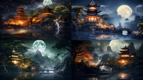 中国美学，满月，瀑布，夜景，幻想景观，金色调，戏剧性悬崖，宁静水面，水中倒影，雾气氛围，亚洲风格建筑，传统宝塔轮廓，茂密树木，岩石形态，垂直构图，数字艺术，超凡光芒，宁静情绪，自然美景，月光效果，高动态范围，长曝光，柔和光线，神秘感，和谐色彩，梦幻场景。